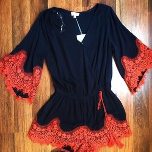 Navy and orange lace romper